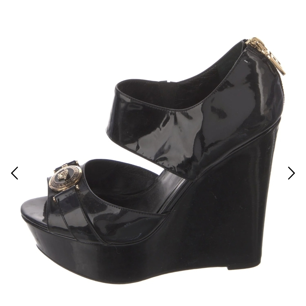 Versace Glossy Black Wedge Sandals - Picture 3 of 5